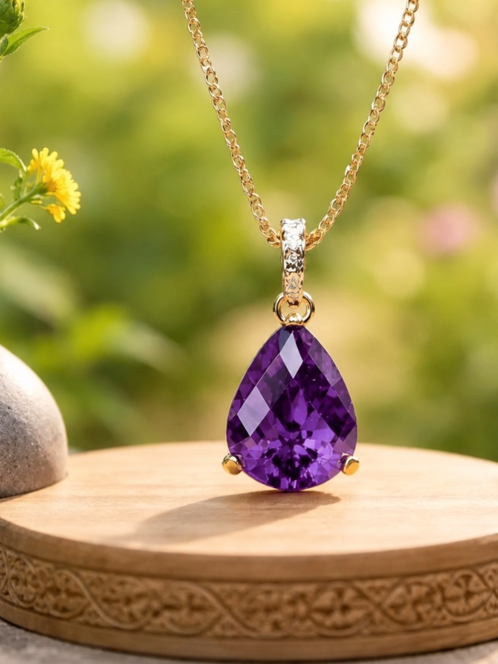 New Solid 14K Yellow Gold Delicate Natural Amethyst Pendant ( No Chain )